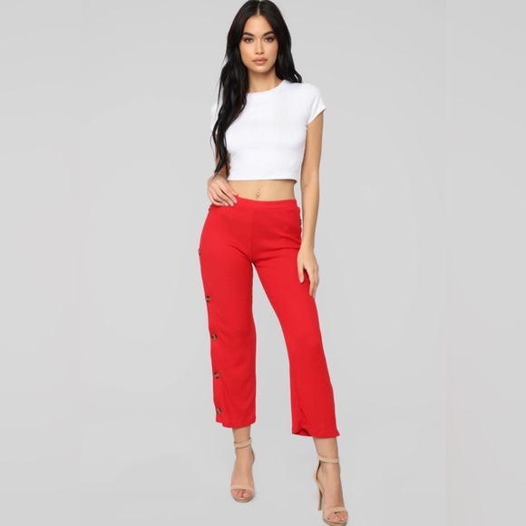High-Rise Knit Ribbed Pants - Cherry Red - Picture 1 of 5